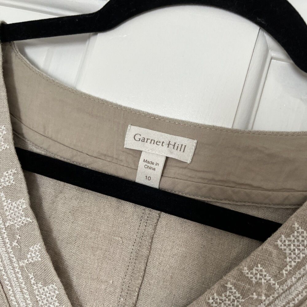Garnet Hill Linen Embroidered Dress 10 Natural Tan Pockets Minimalist Earthy - Picture 2 of 7